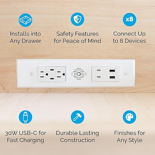 Docking Drawer Blade Duo in-Drawer Outlet, Integrated Safety Shutoff, (4) 30W USB-C, (2) USB-A & (2) 15 amp AC, Stainless Steel