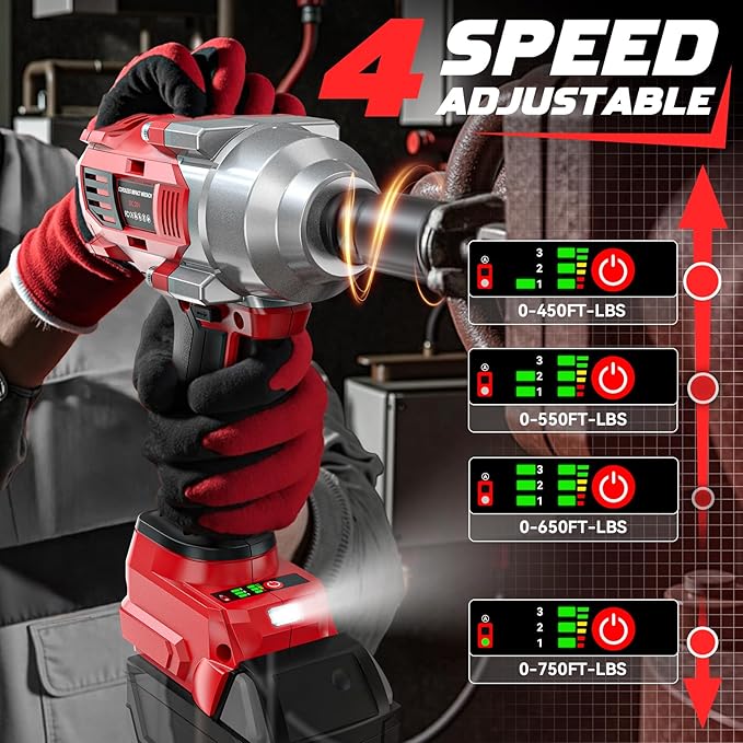 Cordless Impact Wrench 1/2" Compatible with Milwaukee 18v Battery, 750 Ft-lbs High Torque Impact Driver with 6Pcs Sockets & Storage Case, Impact Gun with 4-Speed & LED Light(Bare Tool)