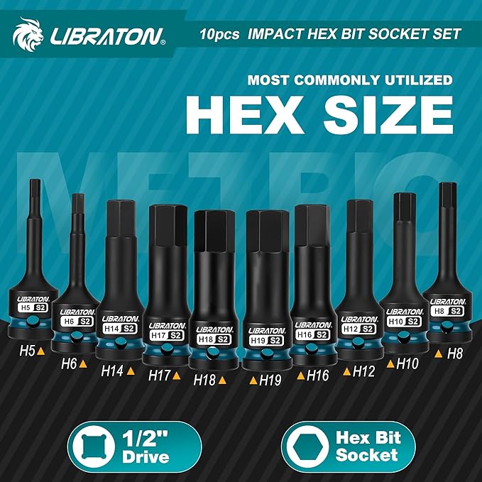 LIBRATON Impact Hex Bit Socket Set, 1/2" Dr, S2 Steel, 10PCS High Torque Sockets(Metric H5-H19) for Professional Mechanics & Automotive Repair (XPE Storage Case)