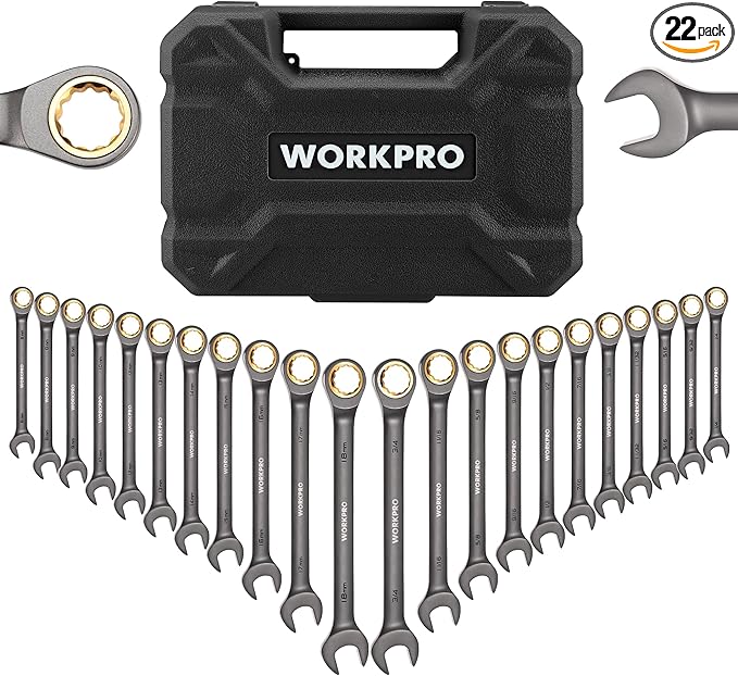 WORKPRO 22-Piece Ratcheting Wrench Set, Ratchet Combination Wrench Sets with Organizer Box, Nickel Plating, 72 Teeth, Metric 6-18mm & SAE 1/4-3/4"