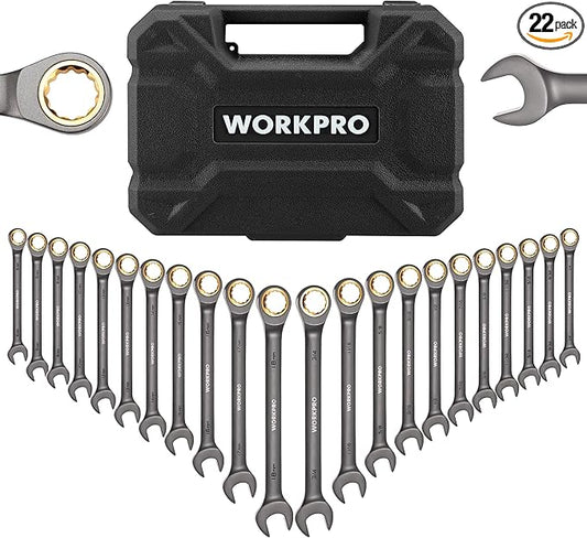 WORKPRO 22-Piece Ratcheting Wrench Set, Ratchet Combination Wrench Sets with Organizer Box, Nickel Plating, 72 Teeth, Metric 6-18mm & SAE 1/4-3/4"