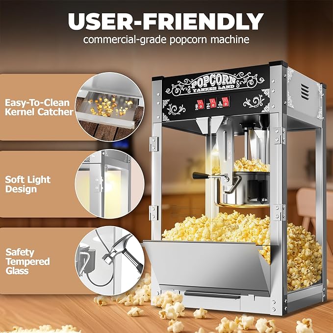 20 Oz Commercial Popcorn Machine, 1440 W, Movie Theater Popcorn Machine, Black Tabletop Pop corn Machine with 3-Switch Control & Steel Frame Tempered Glass Doors