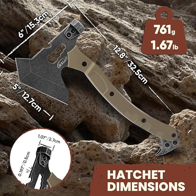 Tactical Axe with G10 Handle Camping Survival Hatchet, Multifunctional Hiking Outdoor Heavy Duty Full Tang Tomahawk Tools with Hammer, Unique Design Crowbar, Leather Sheath (Gray)