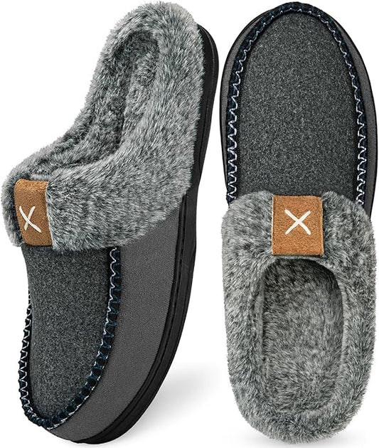Homitem Mens Slippers Moccasins Memory Foam Fuzzy Slippers for Men Wool-Like Plush Fleece Lined House Shoes Indoor Outdoor Anti-Skid Rubber Sole Home Bedroom