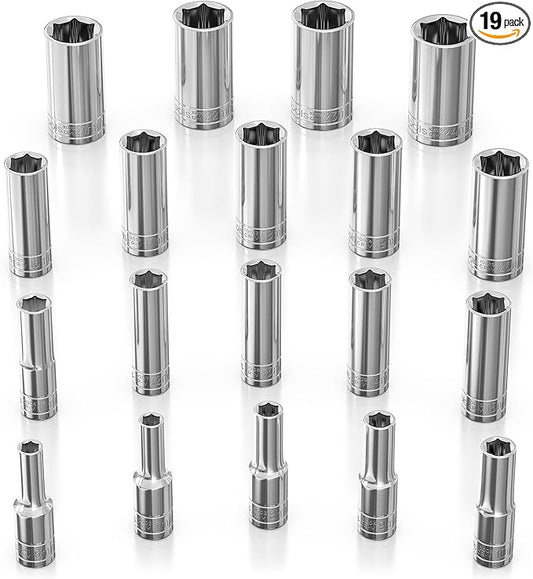 Olsa Tools Metric Deep Socket Set (19pc) - 3/8-Inch Drive - Chrome 6-Point Deep Well Socket Set - Metric Sizes From 6 mm to 24 mm - Mechanics Socket Sets - Professional Grade - Part: 1809