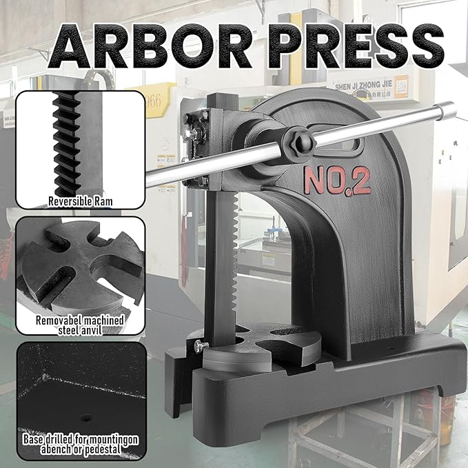 2 Ton Manual Arbor Press with 3 Drift, 8.5" Maximum Height Cast Iron Hand Press, Manual Desktop Arbor Press, Bench Press for Stretching Deforming Stamping Bending (Black, 2 TON)