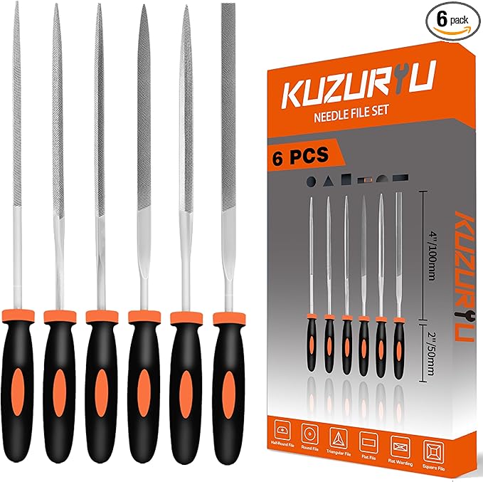KUZURYU 6-Piece Metal Needle File Set - Hardened Alloy Steel Includes Flat, Warding, Square, Triangular, Round, and Half-Round Files
