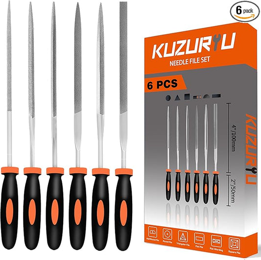KUZURYU 6-Piece Metal Needle File Set - Hardened Alloy Steel Includes Flat, Warding, Square, Triangular, Round, and Half-Round Files