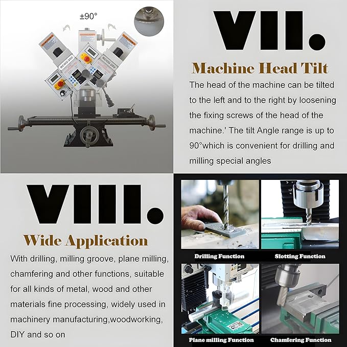 110V 1100W Milling and Drilling Machine Lathe RCOG-25V Brushless Precision Milling Drilling Machine 50-2250rpm, R8 Spindle Taper for Metal, Wood and Plastic Processing Home DIY