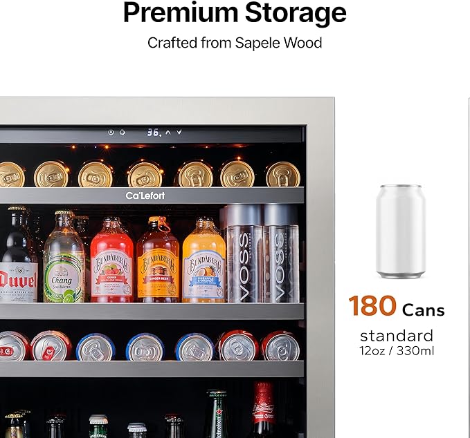 Ca'Lefort 24 Inch Beverage Refrigerator - 180 Can Beverage Fridge with 34째-54째F, Built in or Freestanding Beverage Cooler with Glass Door and 3 LED, Drink Fridge for Home/Kitchen(5.65 cu.ft)