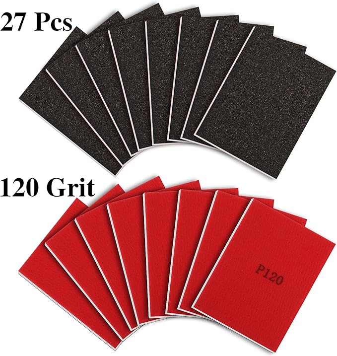 27 Pcs Sanding Sponge Pads 120 Grit, Wet Dry Washable Foam Sanding Block, Abrasive Sand Paper, Reusable Sanding Paper for Hand Sanders, Wood, Metal, Auto, Drywall, Furniture Polishing