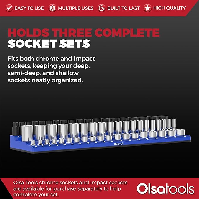 Olsa Tools Magnetic Socket Organizer (3/8-Inch Drive, 3 Row) - Magnetic Tool Organizer & Socket Holder - Tool Box Socket Organizers - Metric Blue - Holds 54 Sockets - Professional Grade - Part: 1556