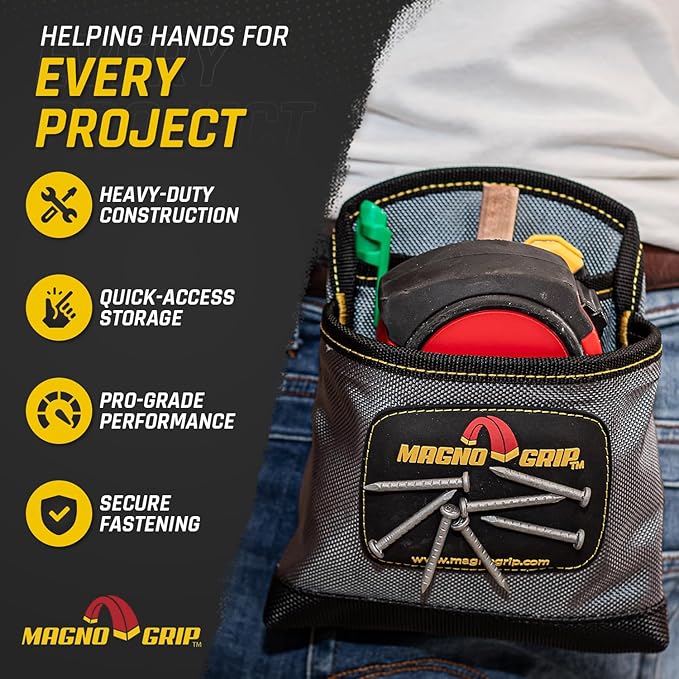 MagnoGrip 3-Pocket Nail Pouch with Integrated Magnetic Storage - Durable 1680D Ballistic Polyester, Magnetic Interior & Exterior, Tool Belt Compatible, Construction Pouch for Carpenters & DIY Projects