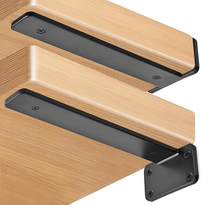 4 Pack - 8 inch Black Hidden L Shelf Bracket (1/5 Inch Thicked) Iron Floating Shelf Brackets Rustic Industrial Metal Brackets for Shelf Support