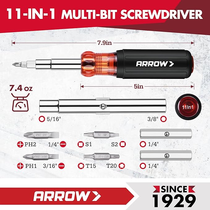 ARROW 2PCS Multi-Screwdriver Set, 11-in-1 Standard/5-in-1 Stubby Multi-bit Screw Driver & Nut Driver Set, Premium S2 Steel, Comfortable Grip, with Phillips, Slotted, Torx, Square Bits and Hex Sockets