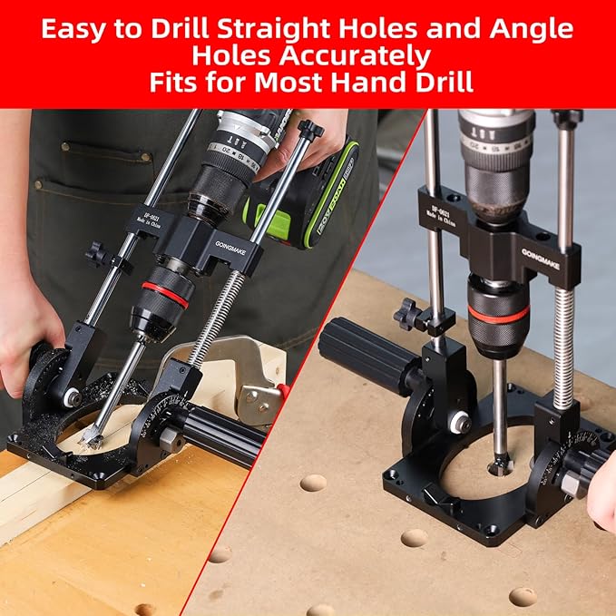 Portable Drill Guide for Straight Holes, Adjustable Portable Drill Press with 1/2" Chuck and Accurate Angle Stops, Precision Drilling Jig Attachment for 0 to 60° Angle for Hand Drill