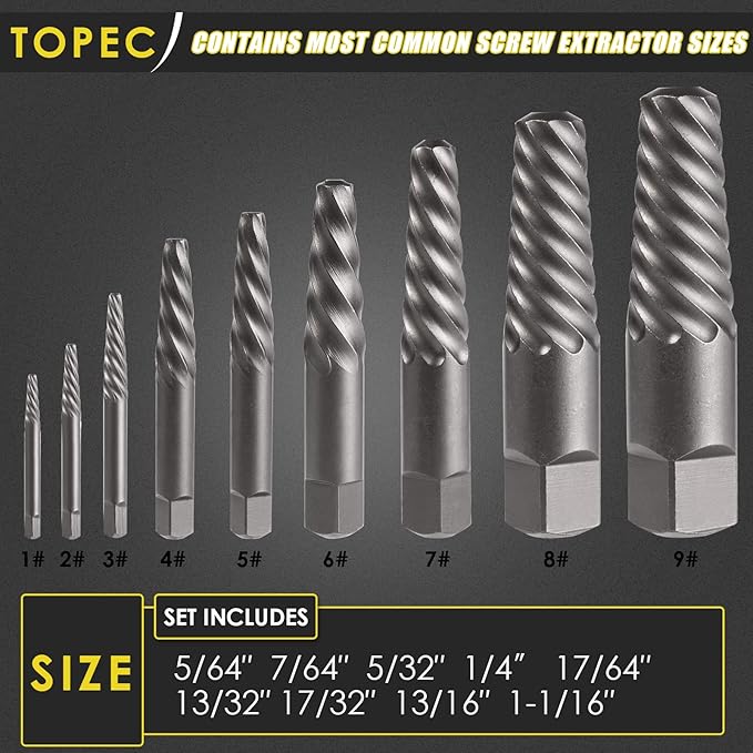 Topec 9 Piece Jumbo Spiral Flute Extractor -Easy Out Bolt Screw Extractor Set Square Shank Reverse Bit Set for Removing Broken Screws, Bolts, and Studs with Reverse Drill Bit Extractor Set
