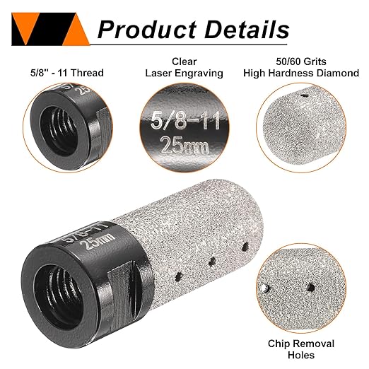 HARFINGTON Diamond Finger Bit 25mm Dia Dry Core Bit with 5/8"-11 Thread Diamond Chamfer Bit for Enlarging Shaping Milling Existing Holes on Porcelain Tile Ceramic Marble Countertop, Black