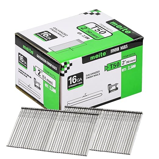 meite 16 Gauge Finish Nails, 2-Inch Galvanized 16 Gauge Nails, Small Straight Finishing Nail for 16 Gauge Finish Nailer Guns (5 Boxes)