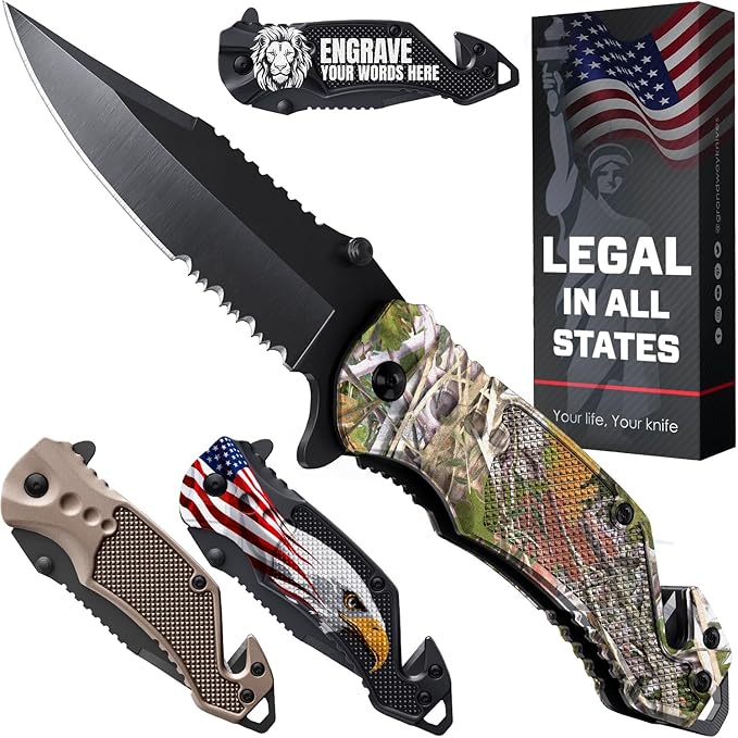 GOOD WORKER Legal Pocket Knife with 2.95??Serrated Blade, Glass Breaker, Seat Belt Cutter - EDC Sharp Folding Knives with Portable Clip - Small Tool for Tactical Camping Survival Hiking - Gifts for Men, Women