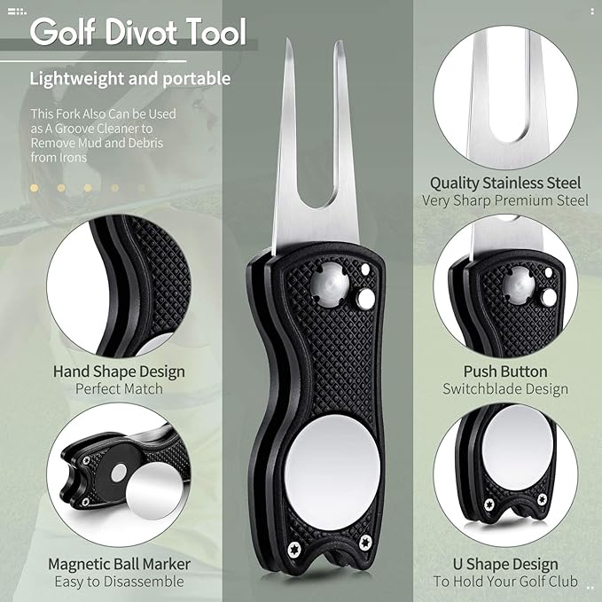 6 Packs Golf Repair Tool Stainless Steel Foldable Golf Divot Tool Magnetic Button Ball Marker