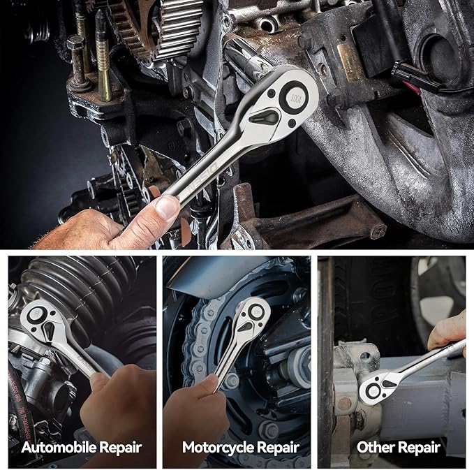 DISEN 3-Piece Standard Ratchet Set ??1/4", 3/8", 1/2" Drive with EVA Storage Tray | 100-Tooth Ratchet, Non-Slip Grip, Quick Release Button | Reversible Design with 3.6째 Swing for Tight Spaces