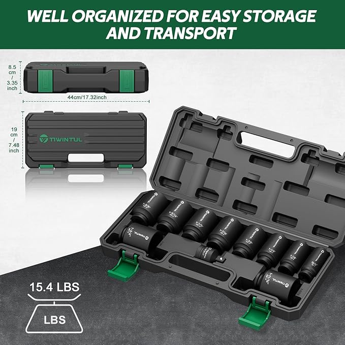 11Pcs Axle Nut Socket Set, 1/2 Drive SAE Impact Socket 15/16 to 1-3/4, CR-MO 3/4 to 1/2 Adapter, 6-Point Design Heavy Duty Socket Set for Large Auto Repairs, Agricultural implement