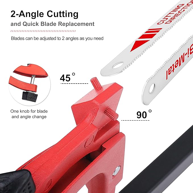 HAUTMEC 12-Inch Adjustable Tension Hacksaw with Blade Storage, 45°/90° Cutting Angles, High Tension Steel Frame & 24 TPI Bi-Metal Blade for Metal, PVC, Wood – HT0015