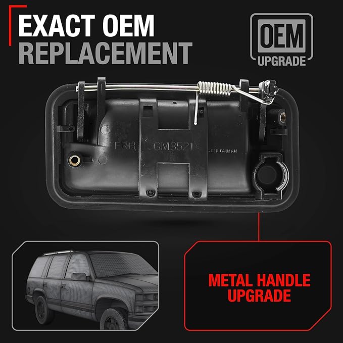 Exterior Front Passenger Door Handle, Upgraded Metal - Compatible with 1994-2002 Chevrolet C/K Silverado Suburban Tahoe Blazer; GMC Yukon Sierra; Cadillac Escalade - Textured Black - OEM 15727338