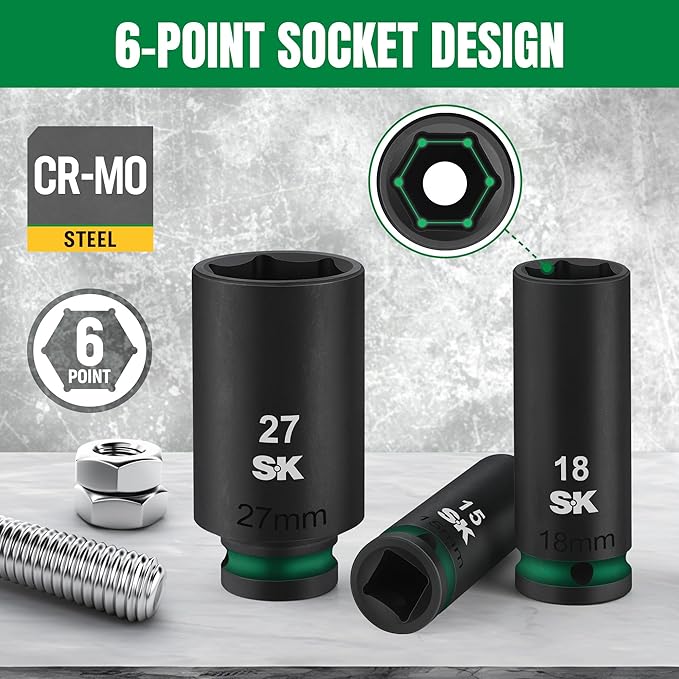 SK 1/2" Drive Impact Socket Set, Deep Metric Sockets, 13-Piece 12-27mm, Premium CR-MO Steel, SureGrip 6 Point Design, With Storage Case