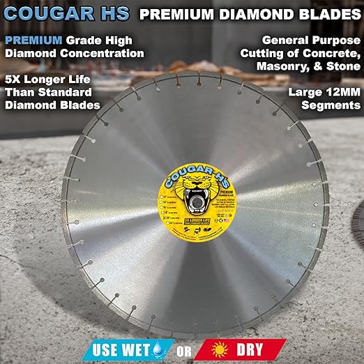 Cougar HS 20 Inch Diamond Concrete Saw Blade, Premium General Purpose Segmented Blade, Dry/Wet Cutting Concrete, Masonry, Brick, & Block 1" Arbor