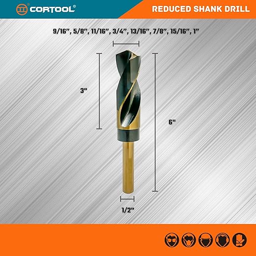 Drill Bit Set, Reduced Shank Drill Bit 8 Sizes from 9/16" to 1", HSS M2, Black & Gold with 3-Flat 1/2" Shank, Metal Drill Bits for Steel/Plastic/Wood, with Storage case