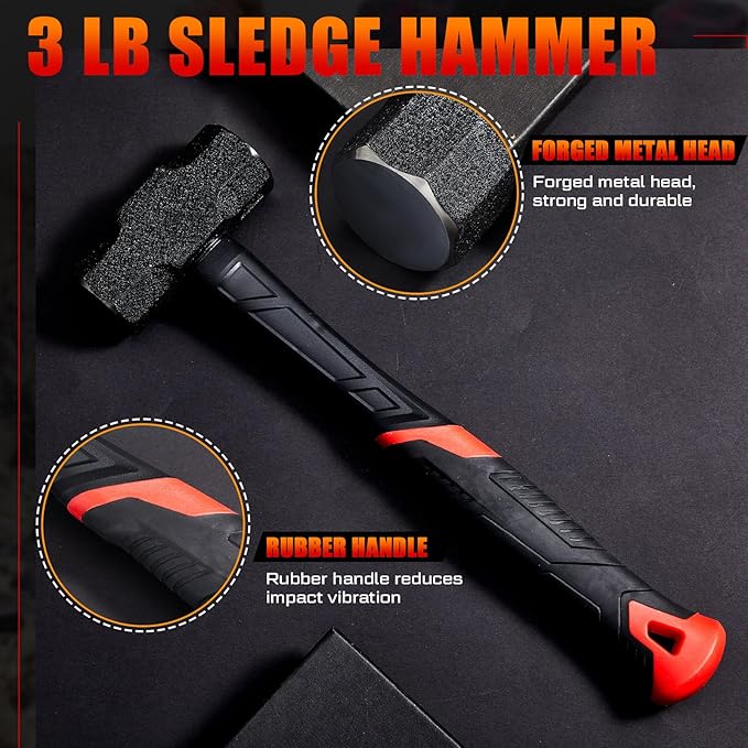 Lasnten 3 Pcs Geology Rock Pick Equipment Kit 33 oz Hammer 3lb Octagonal Hammer 12inch Chisels Tools for Geological Research Exploration, Rock Hounding, Stone Breaking, Prospecting, Mining (Red)