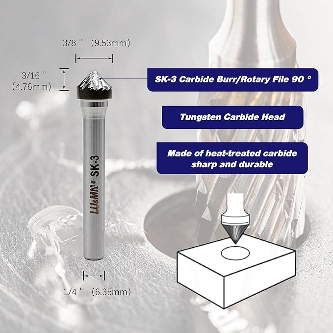 Tungsten Carbide Burr 90째 Cone, SK-3, Double Cut, 3/8" x 3/16" Head, 1/4" Shank, Versatile Burr Bit for Metalworking, Woodworking, Grinding, Shaping & Deburring by LU&MN