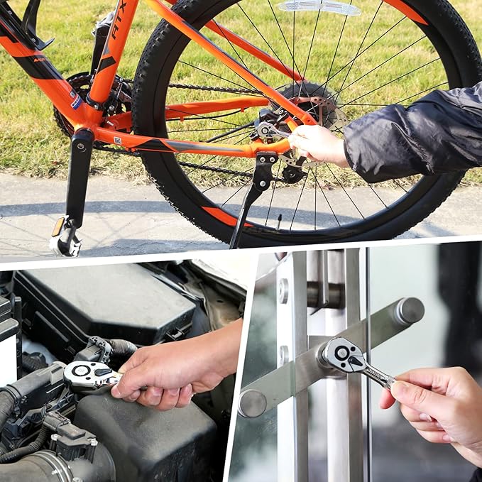 DISEN 3-Piece Stubby Ratchet Set ??1/4", 3/8", 1/2" Drive | 100-Tooth Ratchet with EVA Storage Tray | Quick Release Button | Non-Slip Grip | Reversible 3.6째 Design for Tight Spaces, Chrome Finish