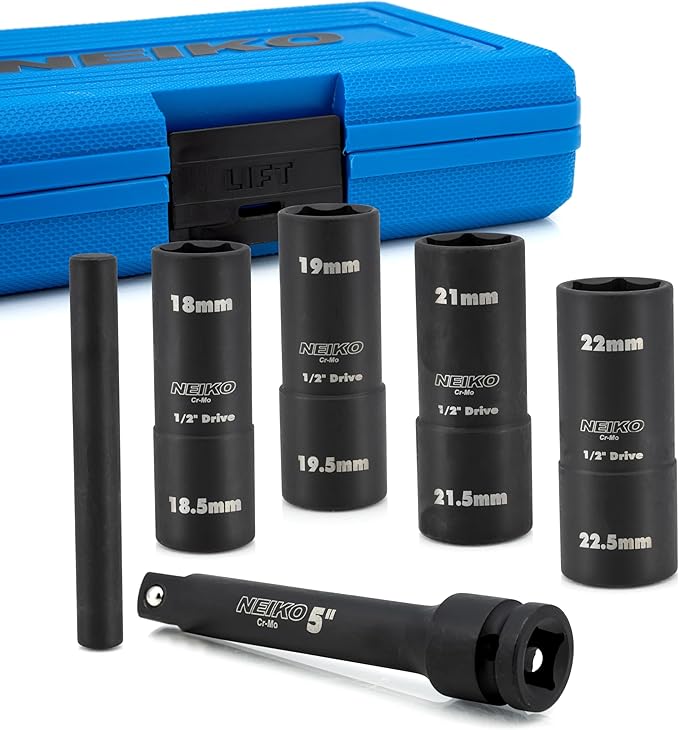 NEIKO 02290B Lug Nut Socket Set, 1/2??Impact Thin Wall Flip Socket Set, Half Size Wheel Socket Set, Metric 6 Point, 5" Extension Bar & Knockout Bar, 18.5mm, 19.5mm, 21.5mm, and 22.5mm
