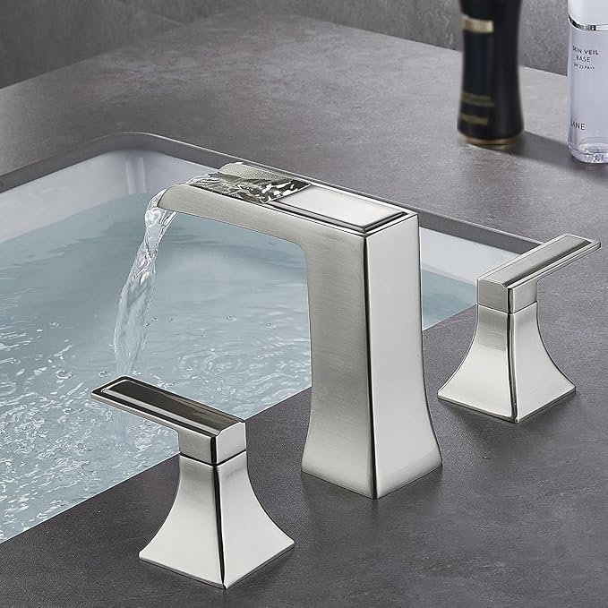 Brushed Nickel Bathroom Faucet, Sanliv Widespread Bathroom Faucet for 3-Hole Sinks 4-8 inch, 2-Handle Waterfall Vanity Faucets with Pop-Up Drain, Brushed Nickel