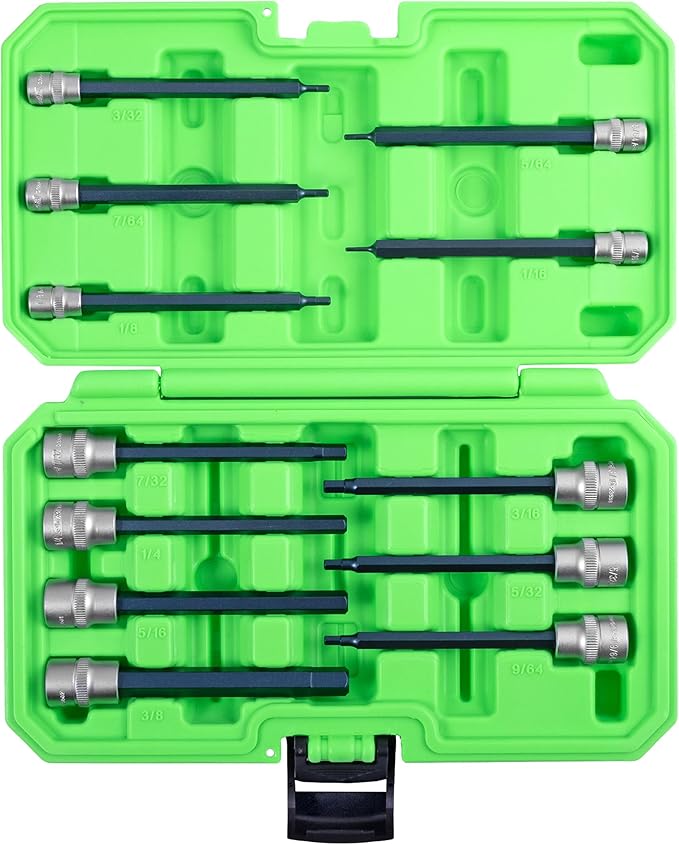 OEMTOOLS 23563 12-Pc Extra Long Hex Socket Set (SAE), Hex Bit Socket Set 1/4" and 3/8" Drive, 1/16"-3/8" S2 Steel Bits, Storage Case Included