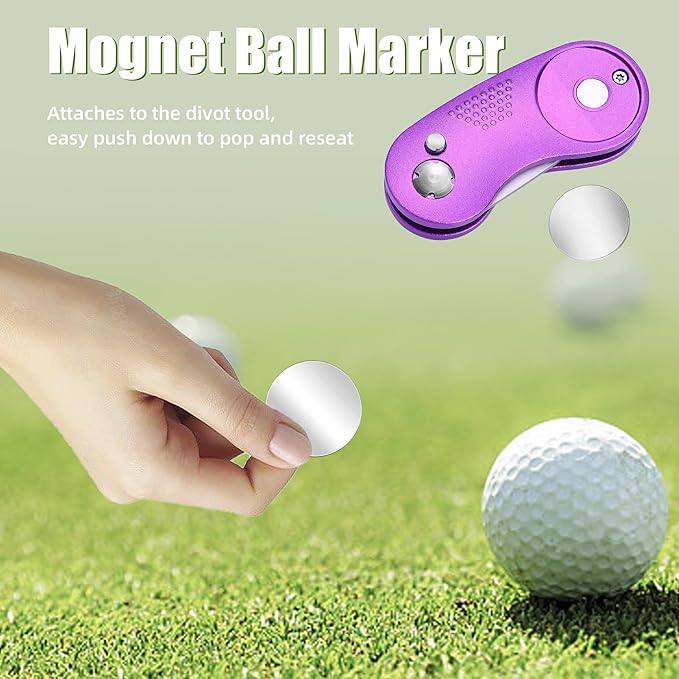 Mile High Life Golf Divot Repair Tool, All Metal Foldable Divot Tool with Pop-up Button & Magnetic Ball Marker