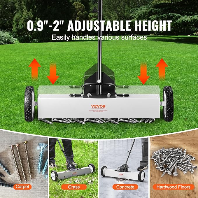 VEVOR 24-Inch Magnetic Sweeper with Wheels, 50 lbs Capacity, with Telescoping Magnetic Pickup Tool, Adjustable Handle, Magnetic Pickup Sweeper to Pick Up Nails and Screws, for Workshop, Garage, Yard