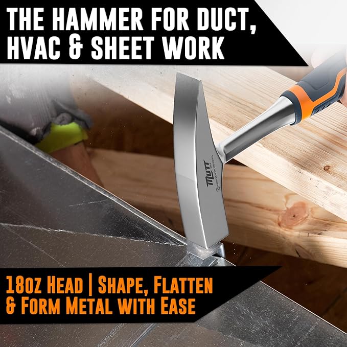 Mutt Tools 18oz Sheet Metal Hammer - Professional Tinners Hammer for Metal Shaping - Forged HVAC Hammer with Ergonomic Handle for Duct Work & Sheet Metal Projects