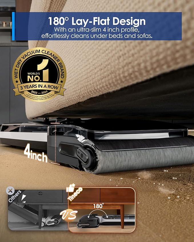 Tineco Floor ONE S6 Master Wet Dry Vacuum Cleaner, 20kPa Suction Vacuum Mop with Dual-Edge Cleaning, 45 Min Runtime (Quite Mode), 185째F Flashdry, 4inch Ultra-Slim