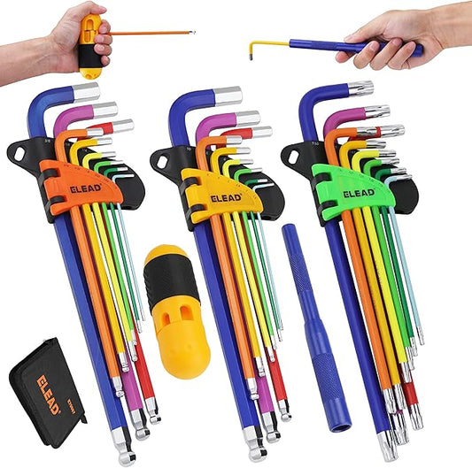 ELEAD Allen-Wrench Hex Torx Key Set: 29-Piece Rainbow Colored Allen Key Set, Long Arm Ball End, Metric SAE Standard Torx Star Wrenches with T-Handle and Extension Bar