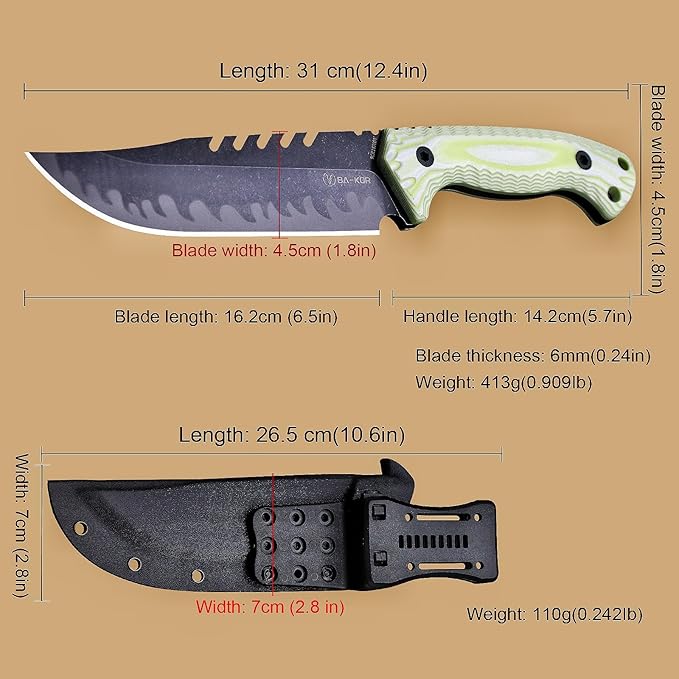 BA-KOR 12.4in Full Tang Fixed Blade Hunting Knife – 6mm 9CR18MoV Steel, G10 Handle, Stonewashed Sawback Blade with Kydex Sheath & Fire Starter for Outdoor, Camping, Survival (White with light green stripes)