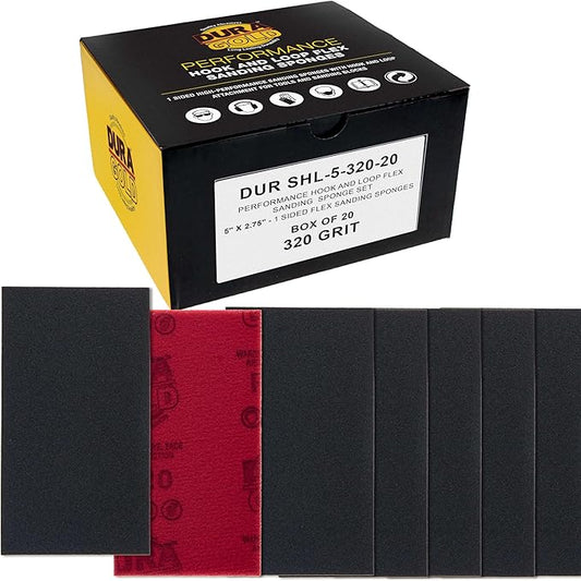Dura-Gold 320 Grit 5" x 2-3/4" Sanding Sponges, Box of 20 - Performance Hook & Loop Wet or Dry Flexible Sandpaper Sponge Pads - for Hand Sanding Blocks, Palm Sanders - Polish Metal, Auto Paint, Wood