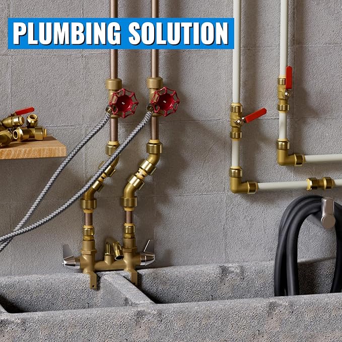 SUNGATOR Push Fitting Set, 1/2 Inch Plumbing Fitting Elbow (5 PCS), 3/4 Inch Plumbing Fitting Elbow (3 PCS), No Lead Brass Push to Connect Pex, Copper, CPVC, with 2 Disconnect Clips, Pack of 8