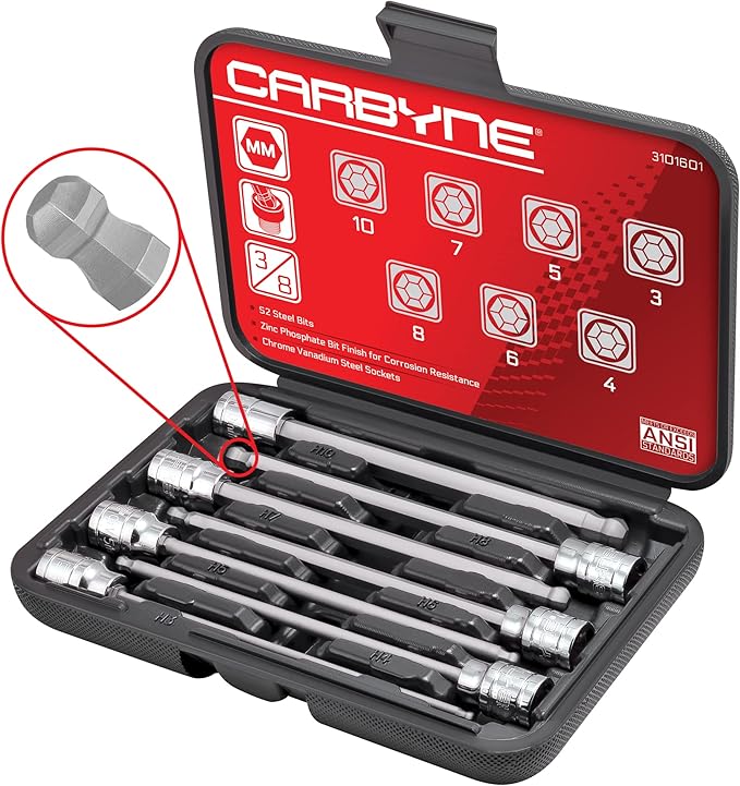 CARBYNE 7-Piece Metric Ball End Extra Long Hex (Allen) Bit Socket Set, 3mm - 10mm Sizes, 3/8 in. Drive, S2 Steel Bits, CrV Sockets ??From a Family-Run Tool Company Based in the U.S.A.