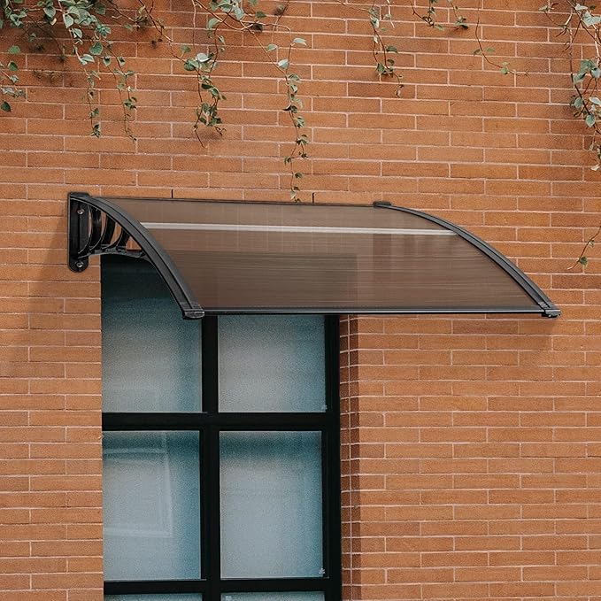 MCombo 39.8" x 37.8" Window Awning Outdoor Polycarbonate Hollow Sheet Door Patio Canopy, 6055-4040 (Brown Board with Black Bracket)