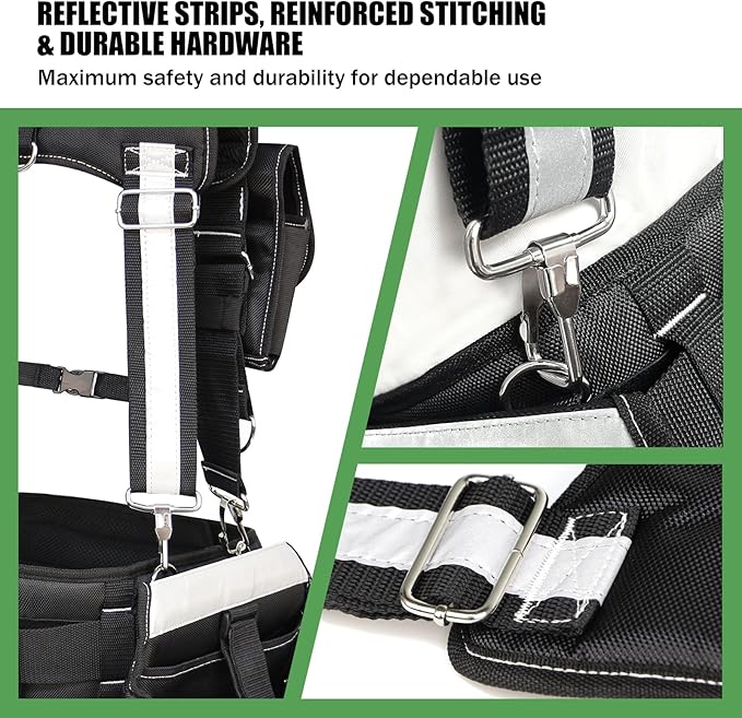 Tool Belt with Suspenders for Men, Heavy Duty Construction Tool Belt with 32 Pockets, 1680D Material, Reflective Strips for Safety, HVAC Toolbelt for Men