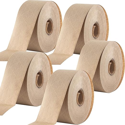 Ultra Durable Water-Activated Tape for Secure Packing 5Pk. 2.75In, 450Ft Brown Kraft Gum Tape Provides Heavy Duty Adhesive for Packaging and Shipping. Fiberglass Reinforced for Extra Strong Bond.